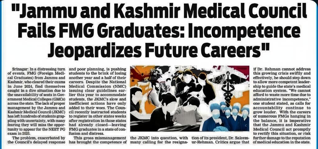 official_afa_'s tweet photo. Foreign Medical Graduates (FMGs) from Jammu and Kashmir, who successfully passed their exams in June 2024, are facing a critical situation due to the lack of available seats in Government Medical Colleges (GMCs) throughout the state. The lack of proper management by the Jammu and Kashmir Medical Council (JKMC) has left hundreds of students grappling with uncertainty.
Poor planning, is pushing students to the brink of losing another year.
Requesting JKMC to provide enough seats to FMGs
@BJP4JnK @INCJammuKashmir @JammuKashmirNow @MoHFW_INDIA @JandKMedicalAss #MedTwitter