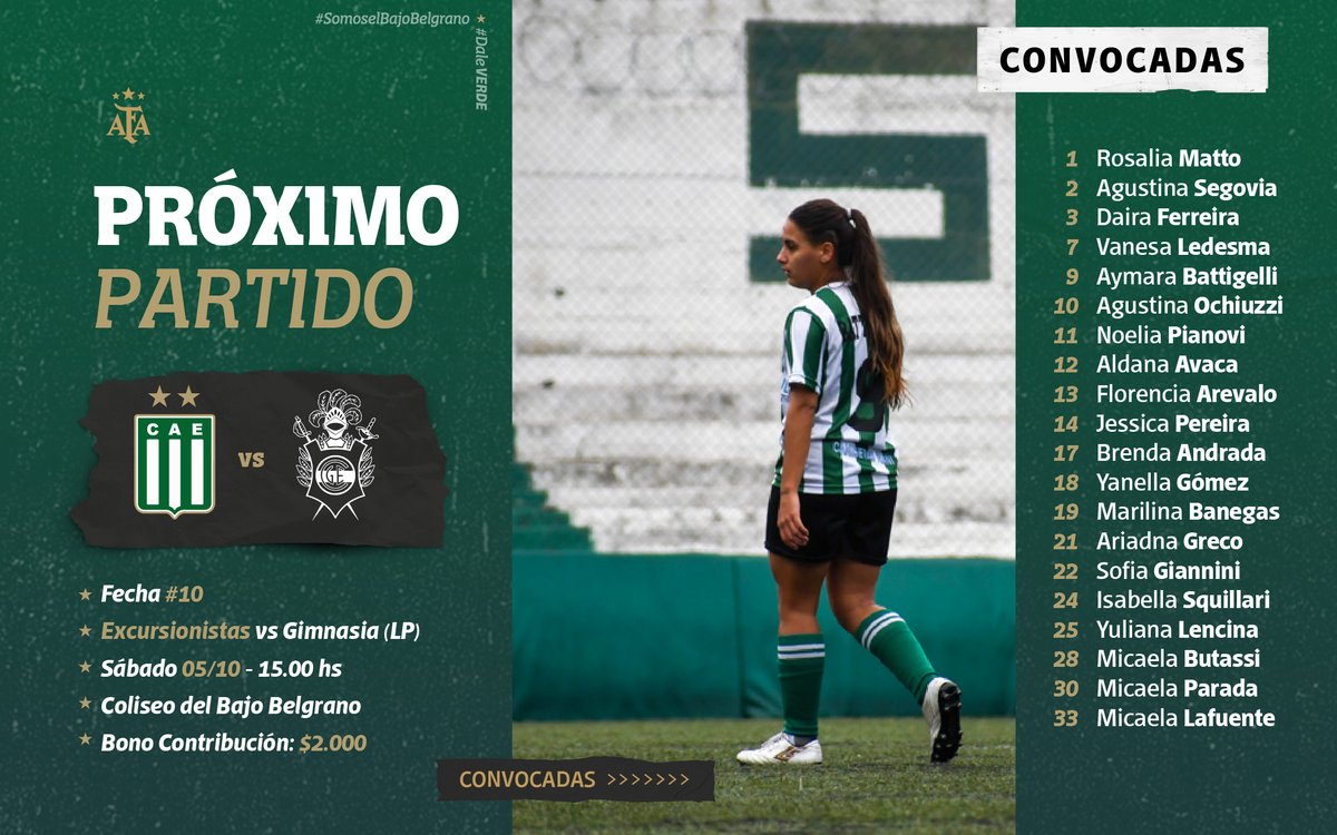 𝙃𝙊𝙔 𝙅𝙐𝙀𝙂𝘼 𝙀𝙓𝘾𝙐𝙍𝙎𝙄𝙊 🇳🇬

🆚 Gimnasia (LP)
🗓️ Sábado 5 de octubre
⏰ 15:00 hs
🏟️ Coliseo del Bajo Belgrano
🎟 Bono Contribución $2.000

📄Lista de convocadas por Claudio Paz para enfrentar a Gimnasia.

𝘿𝘼𝙇𝙀 𝙑𝙀𝙍𝘿𝙀

#SomosElBajoBelgrano 🇳🇬