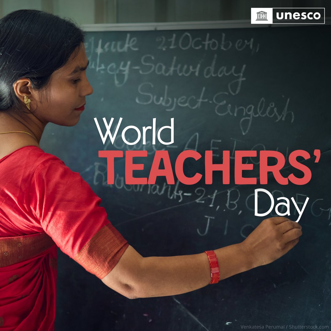 Today, we mark #WorldTeachersDay!

Here’s a big shout-out to all teachers across the world – for their unwavering dedication to future generations. Let’s uplift their voices &amp; recognise their vital role in shaping the future of education.

unesco.org/en/days/teache…