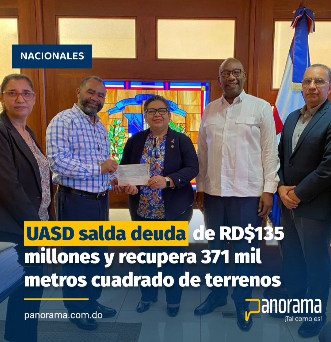 #Panorama_Nacional

 La Universidad Autónoma de Santo Domingo (UASD) pagó en su totalidad una deuda de 135 millones de pesos heredada de anteriores autoridades académicas y que por instrucciones del actual rector, el maestro Editrudis Beltrán Crisóstomo, se ha saldado,
