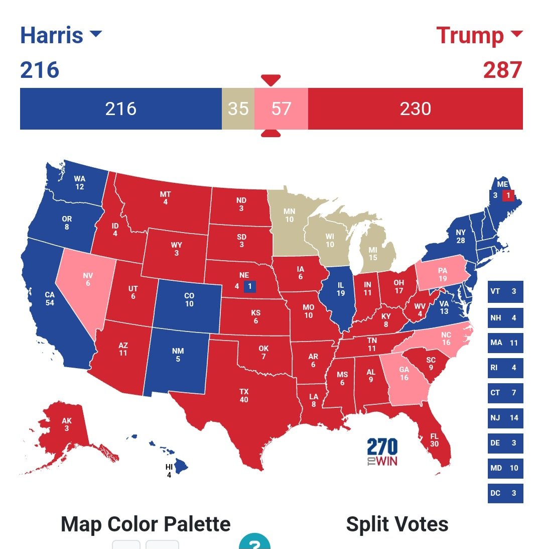 DavidD_Chapman's tweet photo. NEW: RNC Chairman Michael Whatley said that their internals have Trump leading in AZ outside the MOE. Leading in PA, GA, NV, &amp; NC. MI, WI, &amp; MN are virtual ties. 

Here's what that map looks like. https://t.co/AulK1drckv