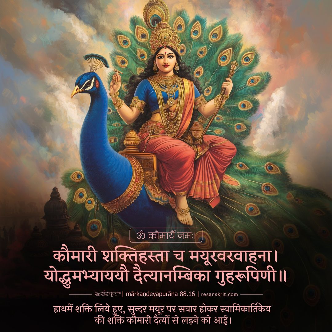patel_sameer_'s tweet photo. Day 3 of 9 - Invocation of Kaumari Shakti

कौमारी शक्ति अपनी शक्तिशाली भुजाओं को अपना हथियार बनाकर युद्ध करती हैं। इनका वाहन मयूर है।

ॐ कौमार्यै नमः।
---------------------
#Navrati2024 #navrati https://t.co/KOcHgbhAgU