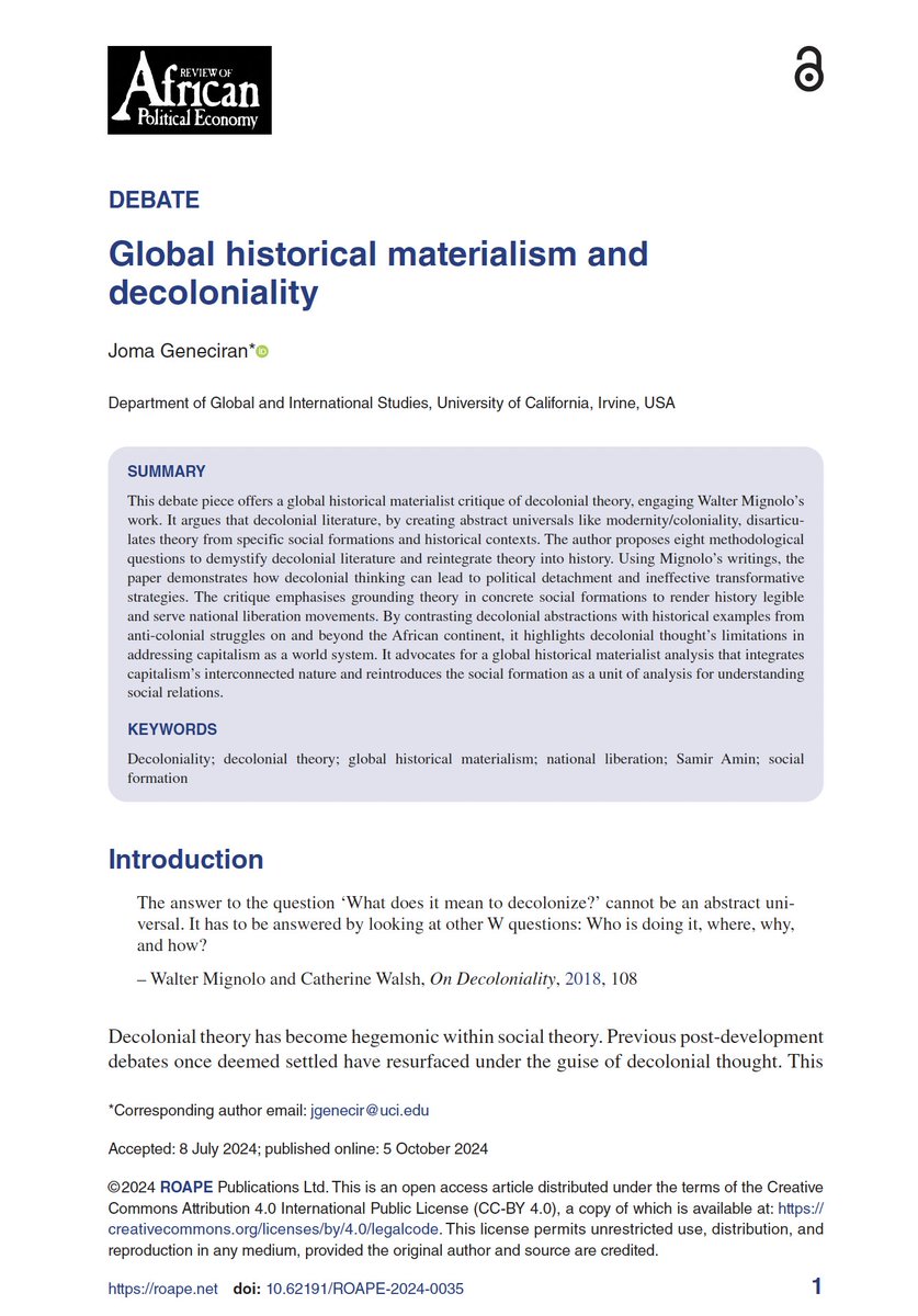 ka_joma_'s tweet image. Thrilled and surreal to share that my first publication is now live in the world with one of my favorite academic journals of all time @ROAPEjournal (review of African political economy).
Please read, engage, and share widely. 🙏🏾❤️🔥
scienceopen.com/hosted-documen…