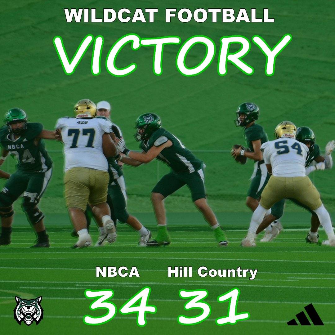 NBCA_Athletics's tweet photo. Wildcats win!!!! 5-1 baby!!! The players and coaches did a great job tonight as we grinded out a 34-31 OT win over Hill Country Christian School of Austin. Proud of the Wildcats!!! #CLAWSUP #CATSFootball https://t.co/g9ryFRZEf1
