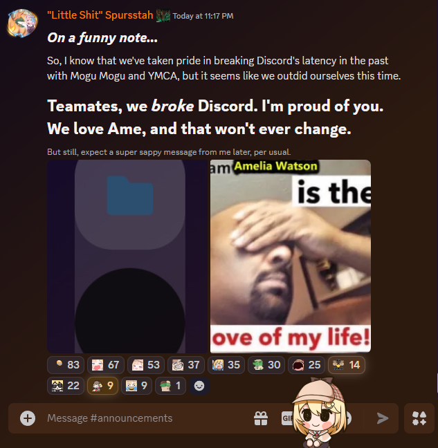 Teamates_'s tweet photo. What a week it's been, Teamates. We hope everyone's been able to get through with the help and support of the Hololive community. We gave her the best sendoff we could, breaking the whole server with salutes! Continue to spread the legacy of our #1 Detective out there!

#teamates https://t.co/IlzjIrCP8i