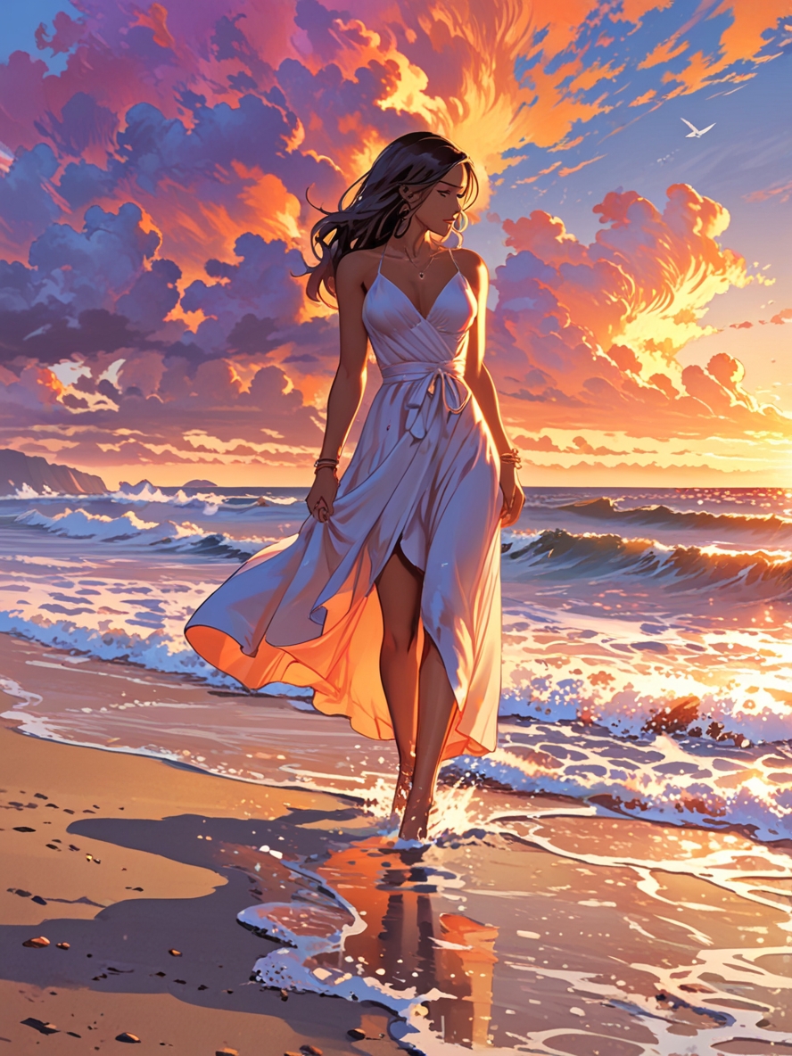 "A tranquil beach with golden sand, where the sun is just beginning to set over the horizon. Girl in a light summer dress stands barefoot at the water’s edge, the waves gently lapping at her feet."
🐚🌊⛱️😎💓
#AIart #DigitalArt #Aiartist #Aiartcommunity