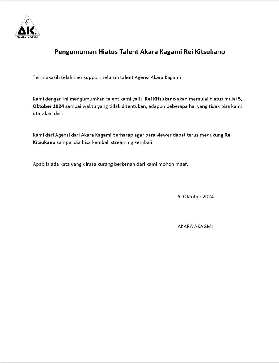 AkaraKagami's tweet photo. Pengumuman Hiatus Talent @ReiKitsukano https://t.co/RuXvI5vRA4