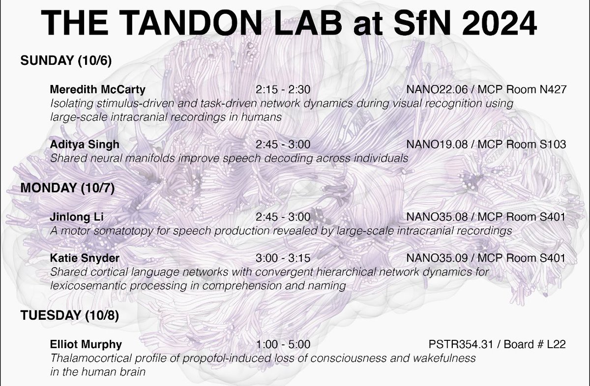 The Tandon Lab will be at #SfN24 in Chicago this week! 

Come and see presentations from <a href="/Neuro_Meredith/">Meredith McCarty</a>, Aditya Singh, <a href="/LiTorres71141/">Torres Li</a>, <a href="/KSnyderNeuro/">Katie Snyder</a> and @ElliotMurphy91!