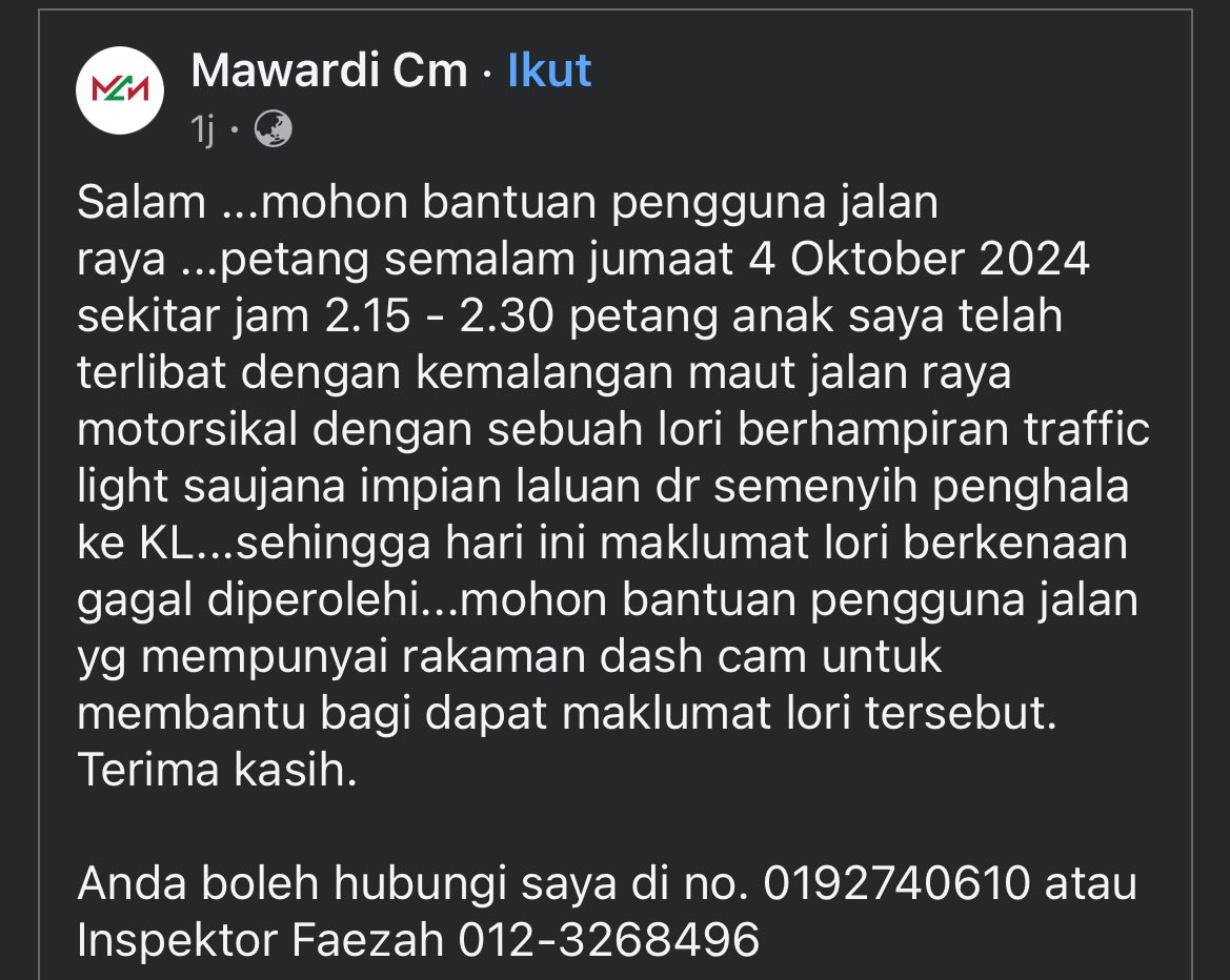 H_Bakkaniy's tweet photo. [BANTU SEBARKAN]

Mencari saksi/rakaman kemalangan di Semenyih semalam. https://t.co/qn6EWxj0Mw