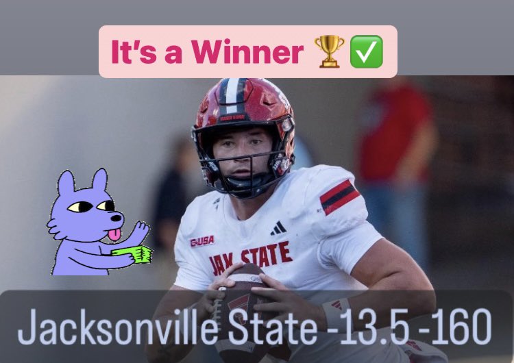 kia_parlay's tweet photo. Todayโs Plays are posted on @DubClub_win ๐๐ช๐ฝ๐จ
Itโs a Winner ๐โ
#gamblingx
#sportsbetting
#CFB
#JSU
#FCSCocky
Jacksonville State -13.5 -160โ
๐๐๐โพ๏ธ
Join me ๐ซถ๐ฝ https://t.co/EKihOzLeIU https://t.co/hcNovCByxH