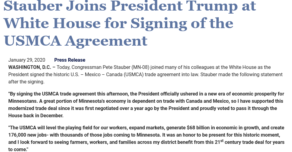 McPhersonHall's tweet photo. #Trump apparently forgot that he signed the #USMCA trade agreement which prohibits a #TrumpTariff like he no proposes.
Surely #MN08 @RepPeteStauber will remind him.
BTW ... @PeteStauber wants #MNCD8 to forgot that Trump promised that #Mexico will pay for a #BorderWall. https://t.co/fDVESndOp1