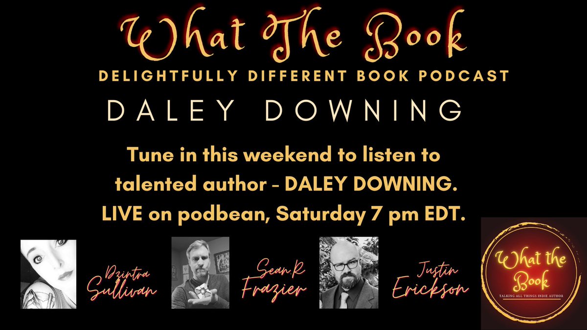#bookers

This weekend we have the amazing author <a href="/invisiblemoth1/">Daley Downing</a> 

Come listen #Live on podbean or catch up at your leisure on Spotify.

Hosts
<a href="/DzintraSullivan/">Dzintra - Author</a> 
@maladjustined 
<a href="/TheCleftonTwain/">Sean R. Frazier, Author</a>