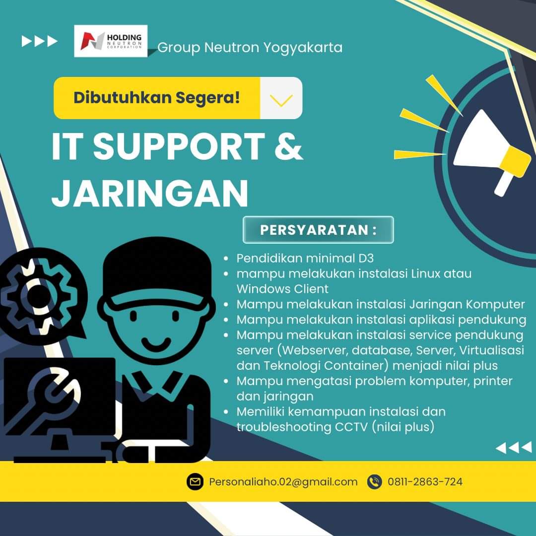 Lowongan Kerja Web/Dekstop Developer, IT Support &amp; Jaringan

#lokerkarir_it #lokerit #lokerprogrammer #lowongankerja #loker #lokercot

cc : <a href="/hrdbacot/">HRD BACOT</a>