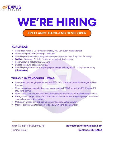 LokerKarir_IT's tweet photo. Lowongan Kerja Freelance Back End Developer, Freelance Front End Developer

#lokerkarir_it #lokerit #lokerprogrammer #lowongankerja #loker #lokercot

cc : @hrdbacot https://t.co/fq99xHQuET
