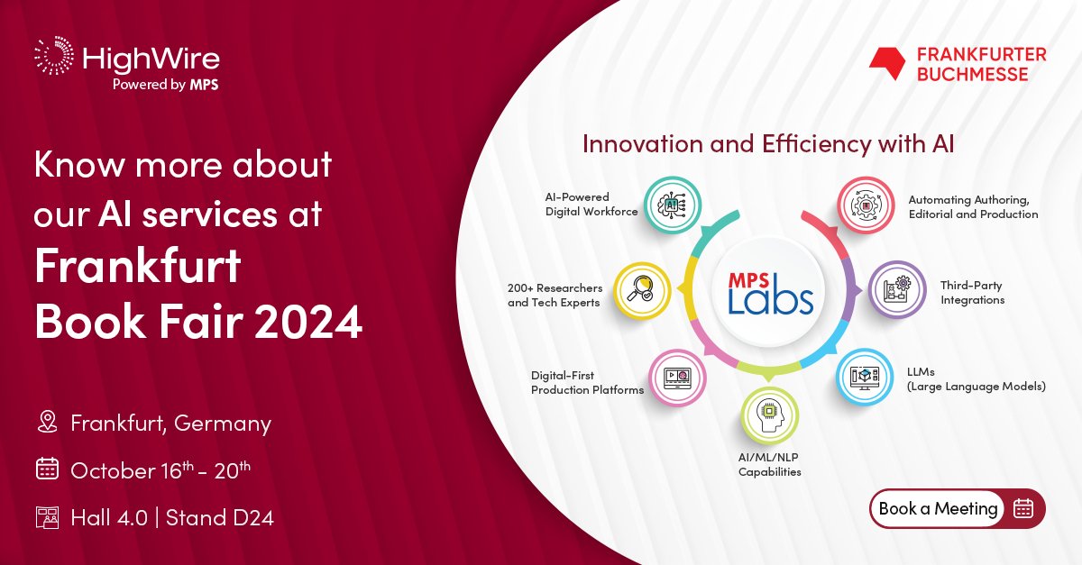 #MPSLabs is streamlining workflows with AI and automation. With a team of over 200 experts, we are driving innovation in scholarly publishing.

Meet the HighWire team at #FBF2024 to know more about MPSLabs.

calendly.com/highwirepress/…

#FrankfurtBookFair #AI #ML