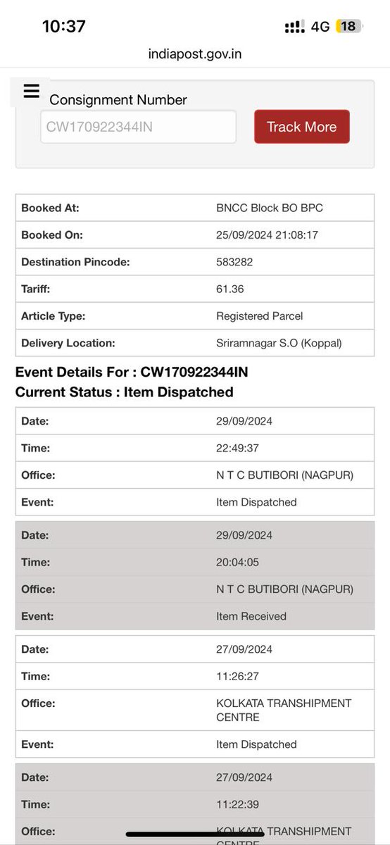 indrascope's tweet photo. @IndiaPostOffice Please look into the tracking ID: CW170922344IN We need to get this delivered really urgently but we have no trace of this. It was last updated on 29 Sept 24. Please deliver and update urgently. https://t.co/X5l3F1jkTN