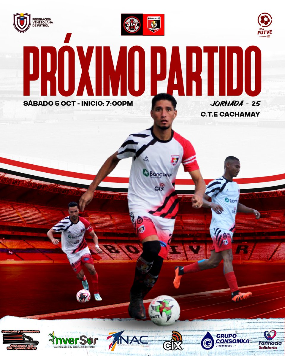 ¡𝐔𝐧𝐢𝐝𝐨𝐬 𝐩𝐨𝐫 𝐮𝐧𝐚 𝐧𝐮𝐞𝐯𝐚 𝐟𝐢𝐧𝐚𝐥! 🫡

🏆 <a href="/LigaFUTVE2/">Liga FUTVE 2</a>  
⚽️ Jornada 25
📅 Sábado #5Oct 
🕞 7:00 PM
🆚️ AIFI De Guayana
🏟 CTE Cachamay
📍 Puerto Ordaz
📻 Líder 100.9 FM 

👀💻 Transmisión en vivo: FIFA+ 

#EstoEsLaCruz 🔴⚫️