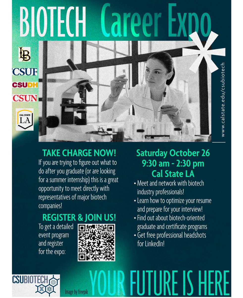 CSULB_BioChem's tweet image. The LA Basin hub of CSUBIOTECH is organizing a Biotechnology Career Expo on Oct 26. The program is filled with information about the biotech industry, careers in biotech, meeting industry representatives, and much more.

Registration: Free! Food and parking will also be covered.