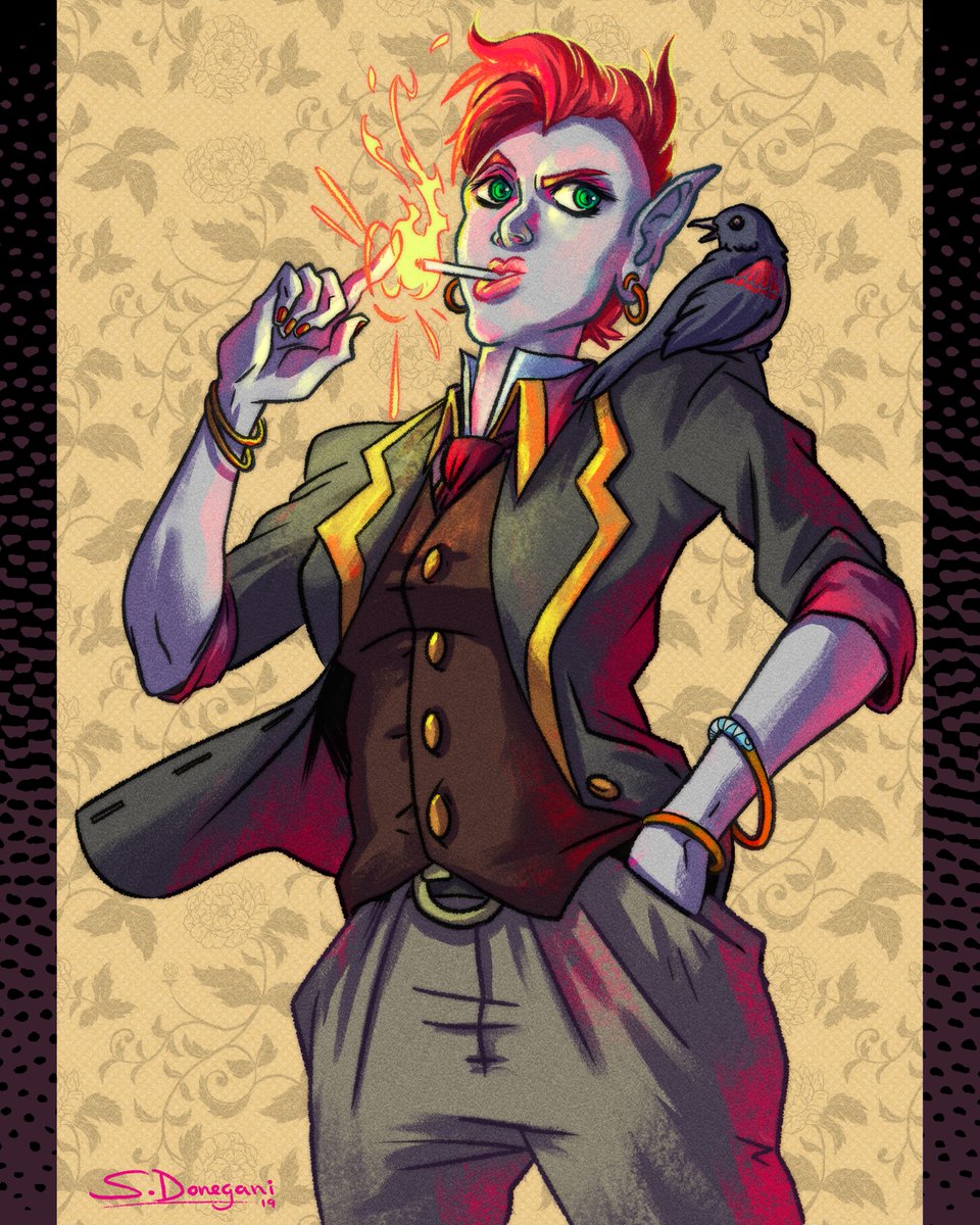 SteveDonegani's tweet photo. Art from 2019. 🔥Barnett "Bugsy" Burrows III🔥 Genasi Rogue/Warlock/Sorcerer and her trusty sidekick Elanor. 

#dnd #art #dndcharacterart #genasi #rogue https://t.co/8L6BQYg1JO