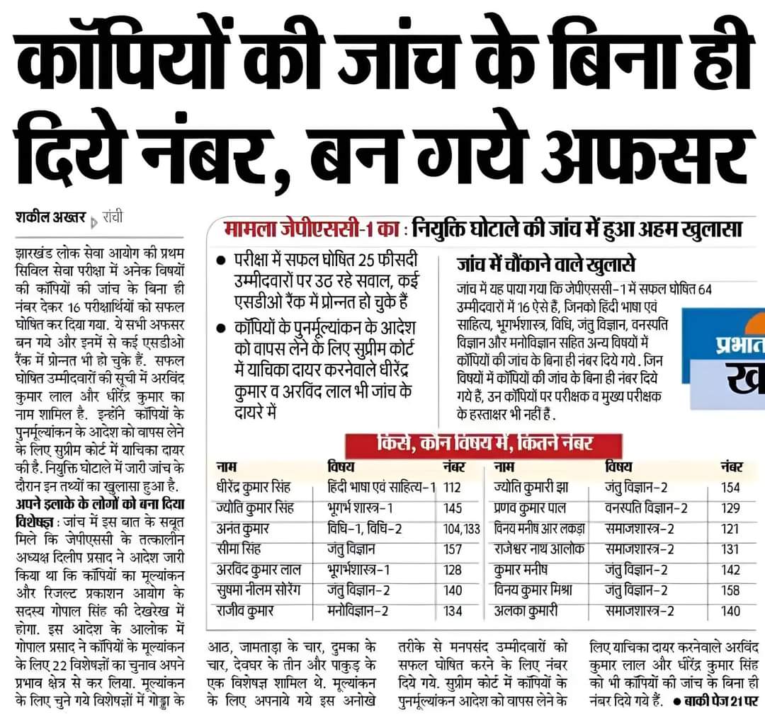 हद तो अब हो गई जब इसमें से एक अफसर को #JSSCCGL में हुई धांधली की जांच की जिम्मेदारी सौंपी गई है । जो कहीं नही होता वो झारखंड में होता है । गजब का सिस्टम है । बिल्ली को ही दूध की रखवाली के लिया बैठा दिया गया ।