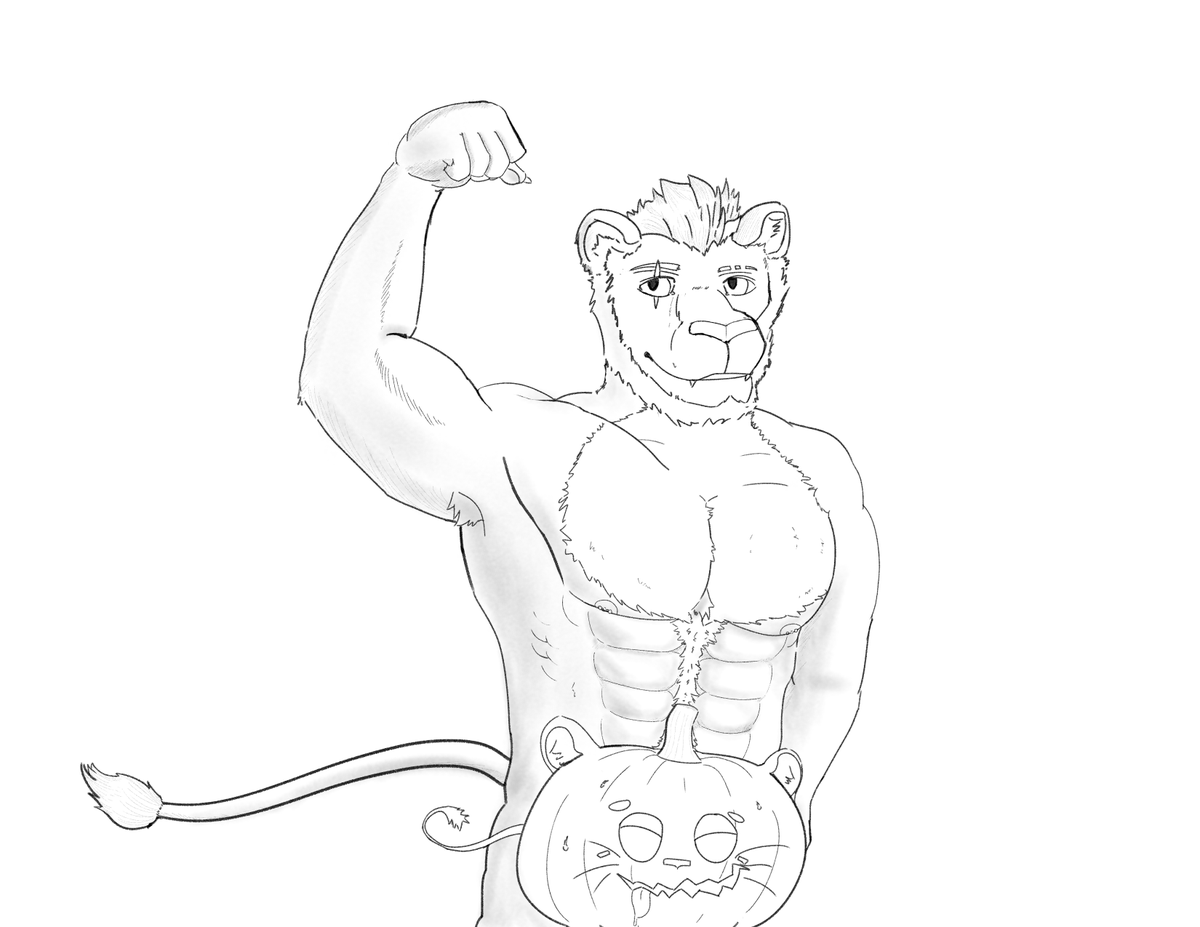 I guess when you become a Lion your clothes don't fit well anymore. Good thing this Jack-O-Lantern was here so I'm not TOTALLY naked! ...Why is it sweating? Everyone knows Jack-O-Lanterns can't handle early October heat!🦁🎃