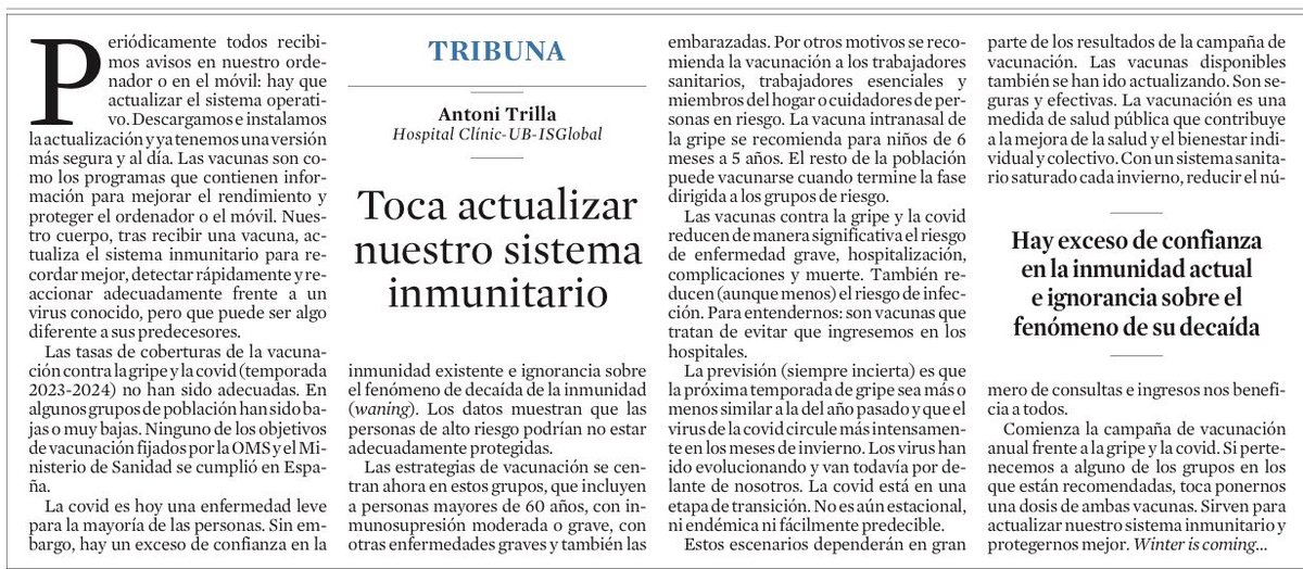 Campaña de vacunación, temporada de gripe y COVID 2024-2025
Población de riesgo: ahora toca actualizar nuestro sistema immunitario.
Ambas vacunas reducirán los casos graves, complicaciones, ingresos hospitalarios y muertes.
Winter is coming!
<a href="/LaVanguardia/">La Vanguardia</a>