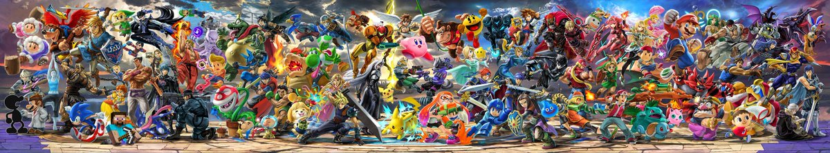 FGAnniversaries's tweet image. On this day 3 years ago, the Super Smash Bros. Ultimate panoramic artwork by Yusuke Nakano was fully completed with the announcement of Sora's inclusion in the game. The full artwork is displayed below.