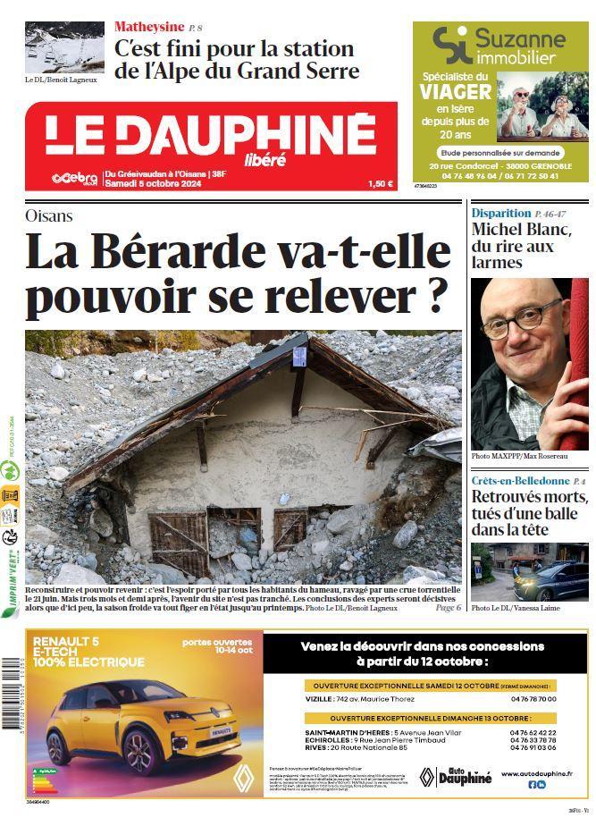 LeDL_Grenoble's tweet photo. ☕ Bonjour, voici la une du Dauphiné libéré Sud-Isère, édition "Du Grésivaudan à l'Oisans" de ce samedi 5 octobre 2024.
Consultable en ligne à l'adresse : https://t.co/v6rWe8rMMD
#dauphinelibere #Isere #Laberarde #station #Faitsdivers
Bonne journée, bonne lecture. https://t.co/x6drfWLJh5