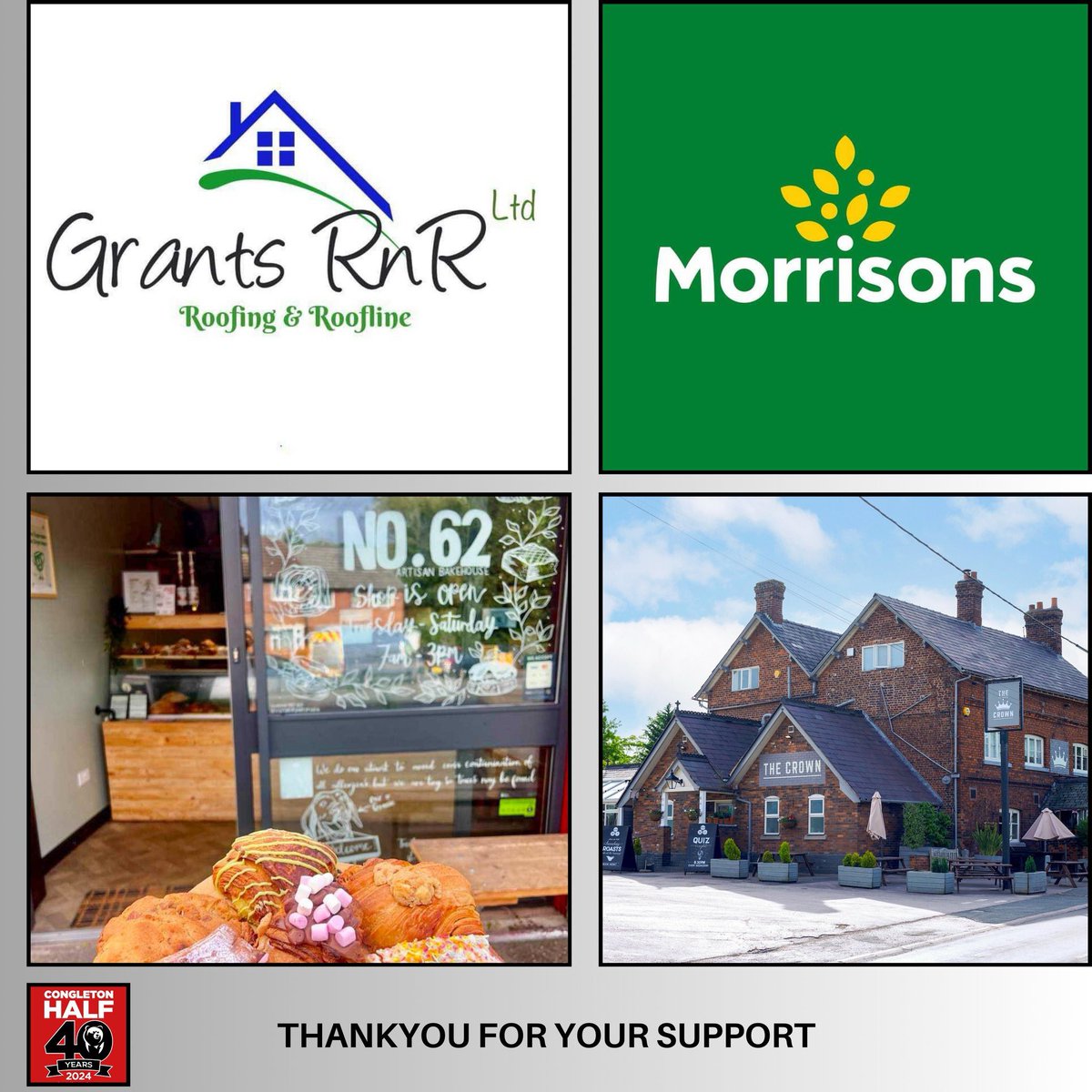 🔴 Congleton Half Marathon - supporter shoutout 🔴

The Congleton Half committee team would like to thank:

🟢 Grants Roofing &amp; Roofline
🟢 Morrisons
🟠 No 62 Bakehouse
⚫️ The Crown Pub

Thankyou to you all for your kind support.