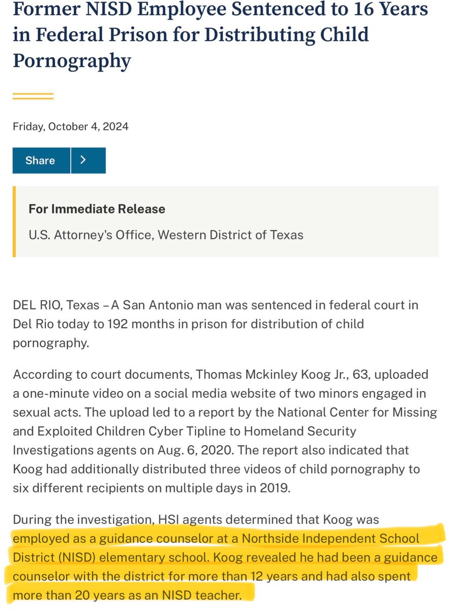 TrueTexasTea's tweet photo. ๐จAnother Texas teacher busted for distributing child sexual abuse materialโฆ
Thomas Koog was an elementary school guidance counselor at Northside ISD in San Antonio for 12 years and an @NISD teacher for 20 years.
#NISDFamily #TxEd https://t.co/LS6lyaBg6n