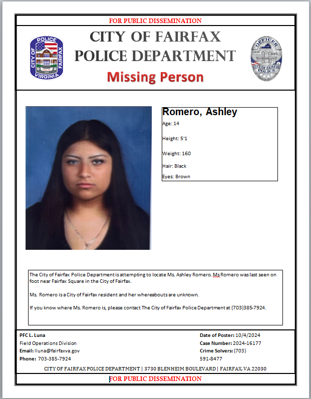 FairfaxCityPD's tweet photo. #MISSINGPERSON 

Ashley Romero 14Y/O. Ashley was last seen walking in the area of Fairfax Square in The City of Fairfax on October 4, 2024. https://t.co/gY0gqGcvbT