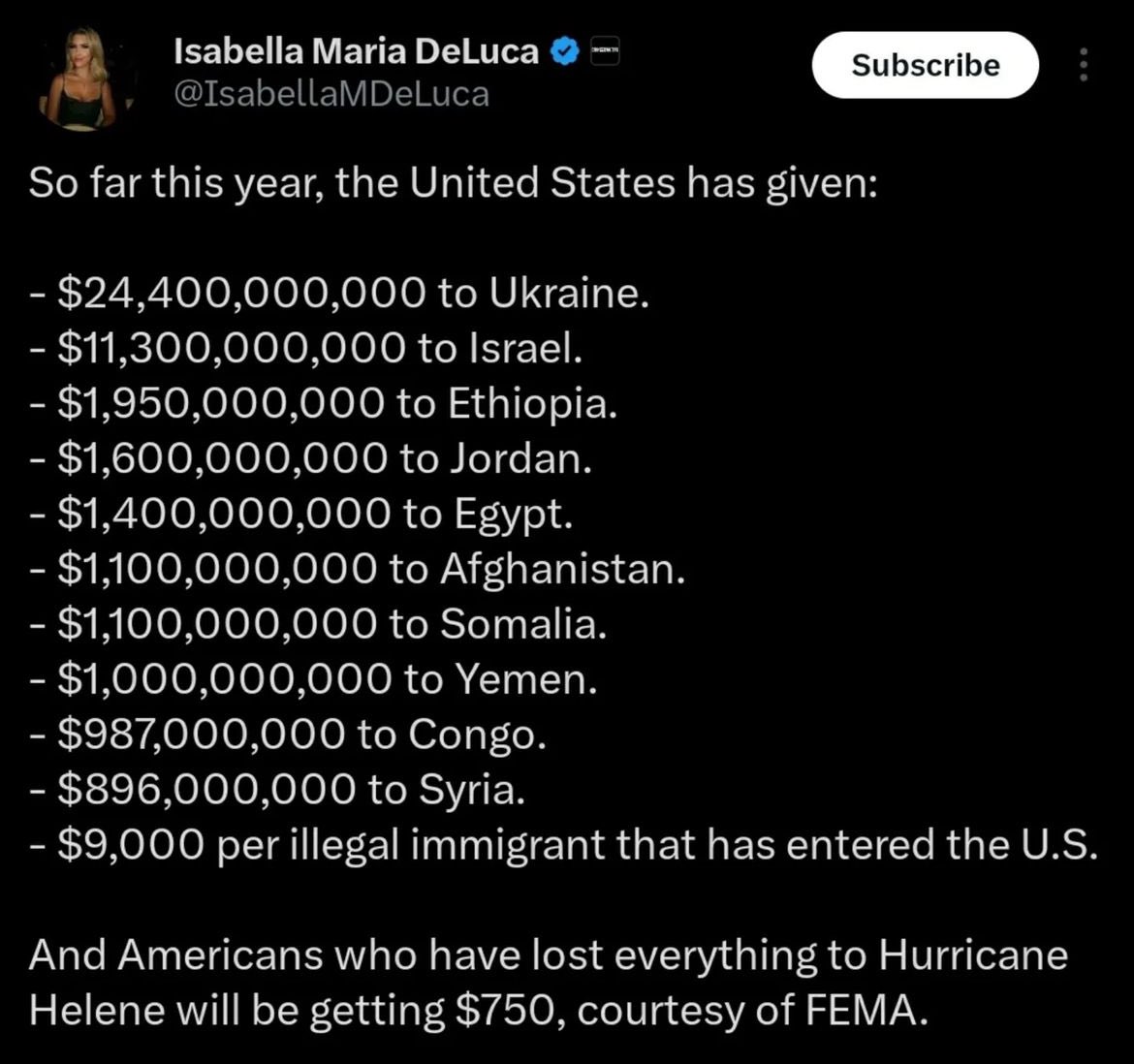 Genuinely — why could this be?

It’s not a conspiracy. It’s not disdain for Americans.

The American Empire is in its death throes. Sending money elsewhere is a symptom of desperation to project power abroad.

Helping its own people is secondary to power projection.