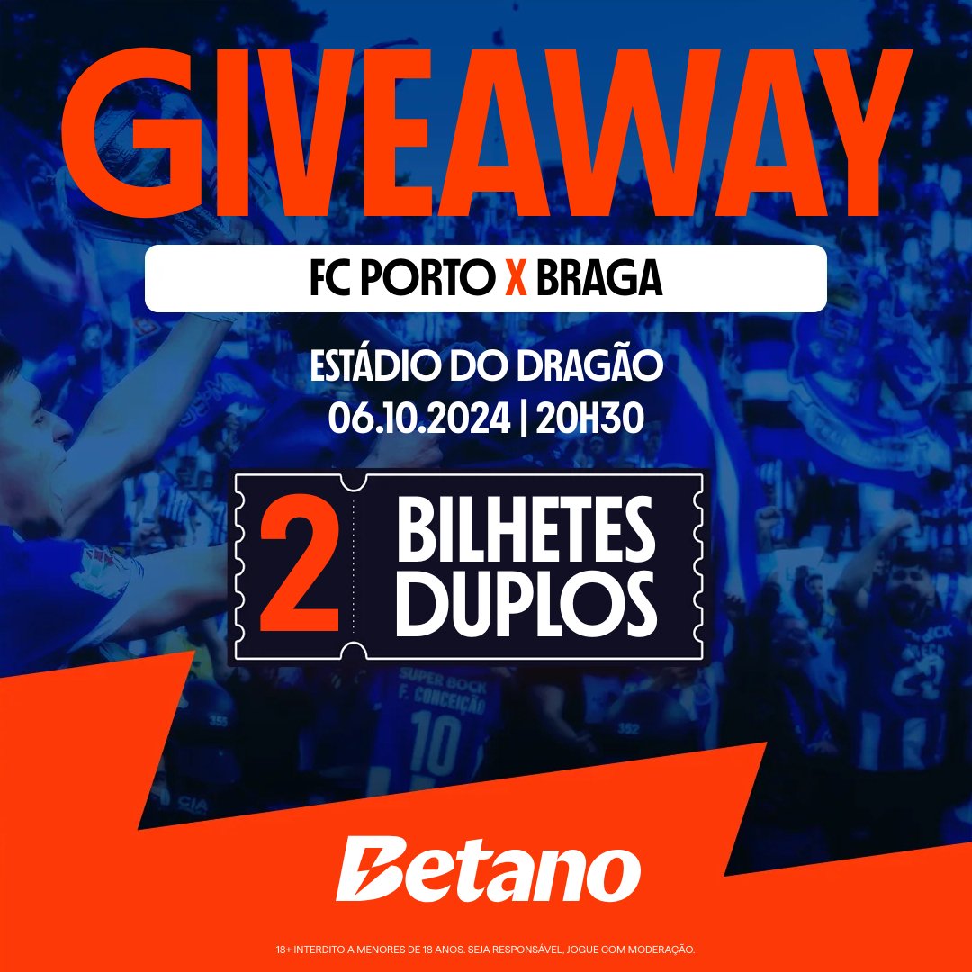 🚨 𝗚𝗜𝗩𝗘𝗔𝗪𝗔𝗬! 🚨

A Dragão News e a Betano levam-te ao Jogo Grande da Jornada! 🔥

Para isso, estamos a sortear 𝟮 𝘽𝙞𝙡𝙝𝙚𝙩𝙚𝙨 𝘿𝙪𝙥𝙡𝙤𝙨 para o #FCPorto 🆚 SC Braga! 💙🐉

Requisitos:
1️⃣ Seguir a <a href="/Betano_PT/">Betano Portugal 🔞</a> e a <a href="/DragaoNews1893/">Dragão News 🇸🇻</a>
2️⃣ Retweet
3️⃣ Identificar um amigo

⚠️