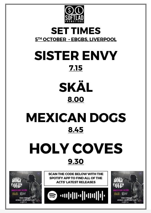 Holy Coves (@holycovesband) on Twitter photo LIVERPOOL TONIGHT!
Here's the set times for <a href="/ebgbsliverpool/">E.B.G.B.S</a> Liverpool tonight!
<a href="/SisterEnvyBand/">Sister Envy</a> - 7.15pm
<a href="/SkalBandUK/">Skäl</a> - 8.00pm
<a href="/mexicandogs_/">mexicandogsofficial</a> - 8.45pm
@HolyCoves - 9.30pm
Last online tickets available until 6pm this evening!
Rest will go on the door!
See you down the LIVERPOOL TONIGHT!
Here's the set times for <a href="/ebgbsliverpool/">E.B.G.B.S</a> Liverpool tonight!
<a href="/SisterEnvyBand/">Sister Envy</a> - 7.15pm
<a href="/SkalBandUK/">Skäl</a> - 8.00pm
<a href="/mexicandogs_/">mexicandogsofficial</a> - 8.45pm
@HolyCoves - 9.30pm
Last online tickets available until 6pm this evening!
Rest will go on the door!
See you down the
