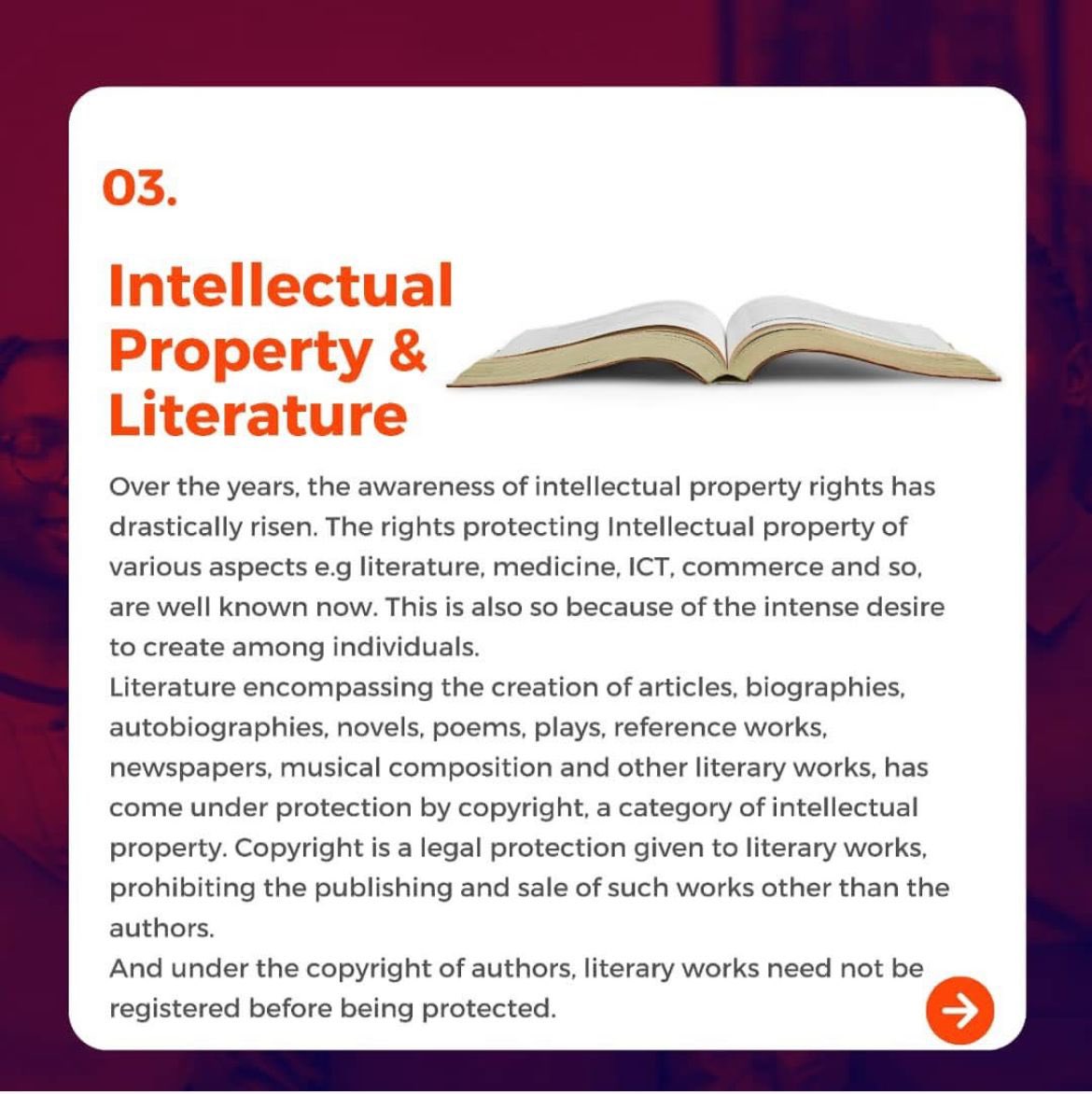 AbuadIPClub's tweet photo. Day 3!🥰

The intellectual property right that protects literally work is copyright.
Copyright registration for literary works allows authors to officially establish their ownership and claim on their original creative works. https://t.co/sr77nAjYNN