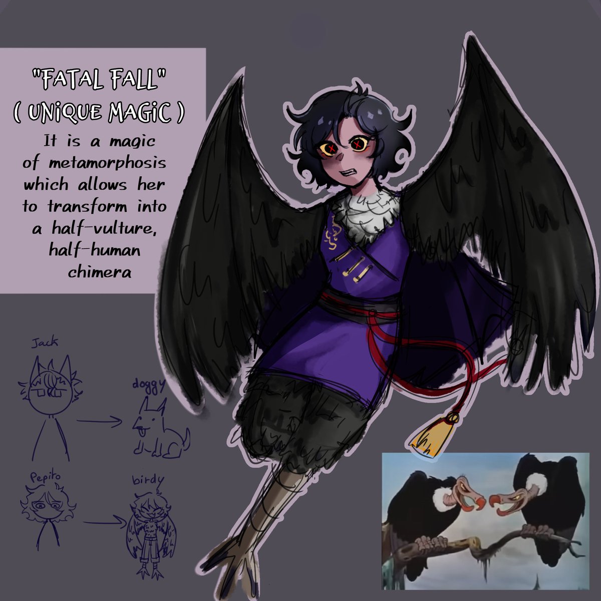 RizDoodles's tweet image. Let me introduce you to Pépito (Pomefiore Oc)!🦴🦅
She is inspired by the vultures from Snow White 
#twst #twstoc  #twstファンアート