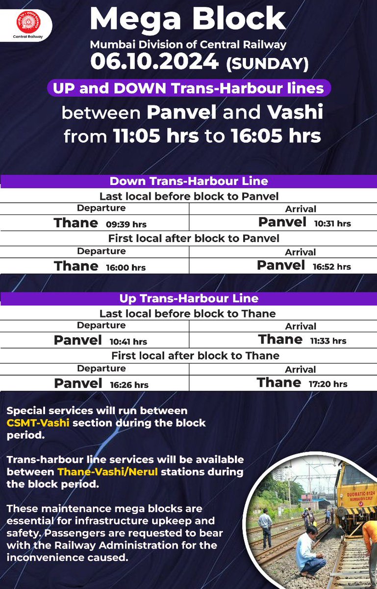 Central_Railway's tweet image. Attention Passengers! 🚨🚧

Mega Block on Up &amp;amp; Down Harbour, Trans-Harbour and Fast lines between on 06.10.2024 (Sunday).
Check the schedule for the first and last locals before and after the block. Plan your travel accordingly.

#MegaBlock #SundayBlock #CentralRailway