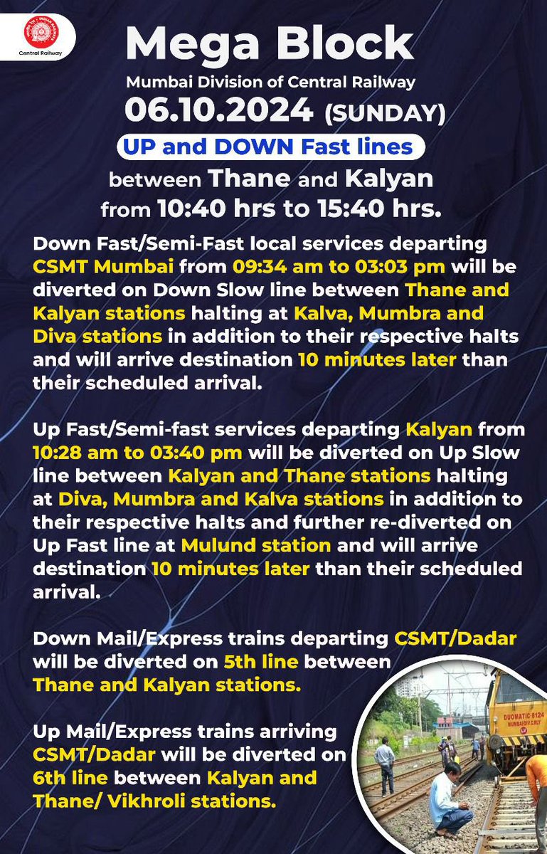 Central_Railway's tweet image. Attention Passengers! 🚨🚧

Mega Block on Up &amp;amp; Down Harbour, Trans-Harbour and Fast lines between on 06.10.2024 (Sunday).
Check the schedule for the first and last locals before and after the block. Plan your travel accordingly.

#MegaBlock #SundayBlock #CentralRailway