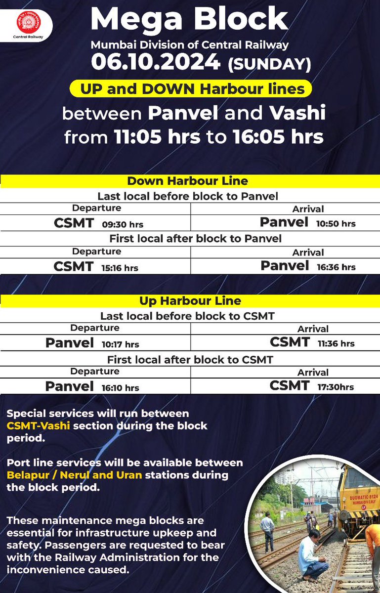 Central_Railway's tweet image. Attention Passengers! 🚨🚧

Mega Block on Up &amp;amp; Down Harbour, Trans-Harbour and Fast lines between on 06.10.2024 (Sunday).
Check the schedule for the first and last locals before and after the block. Plan your travel accordingly.

#MegaBlock #SundayBlock #CentralRailway