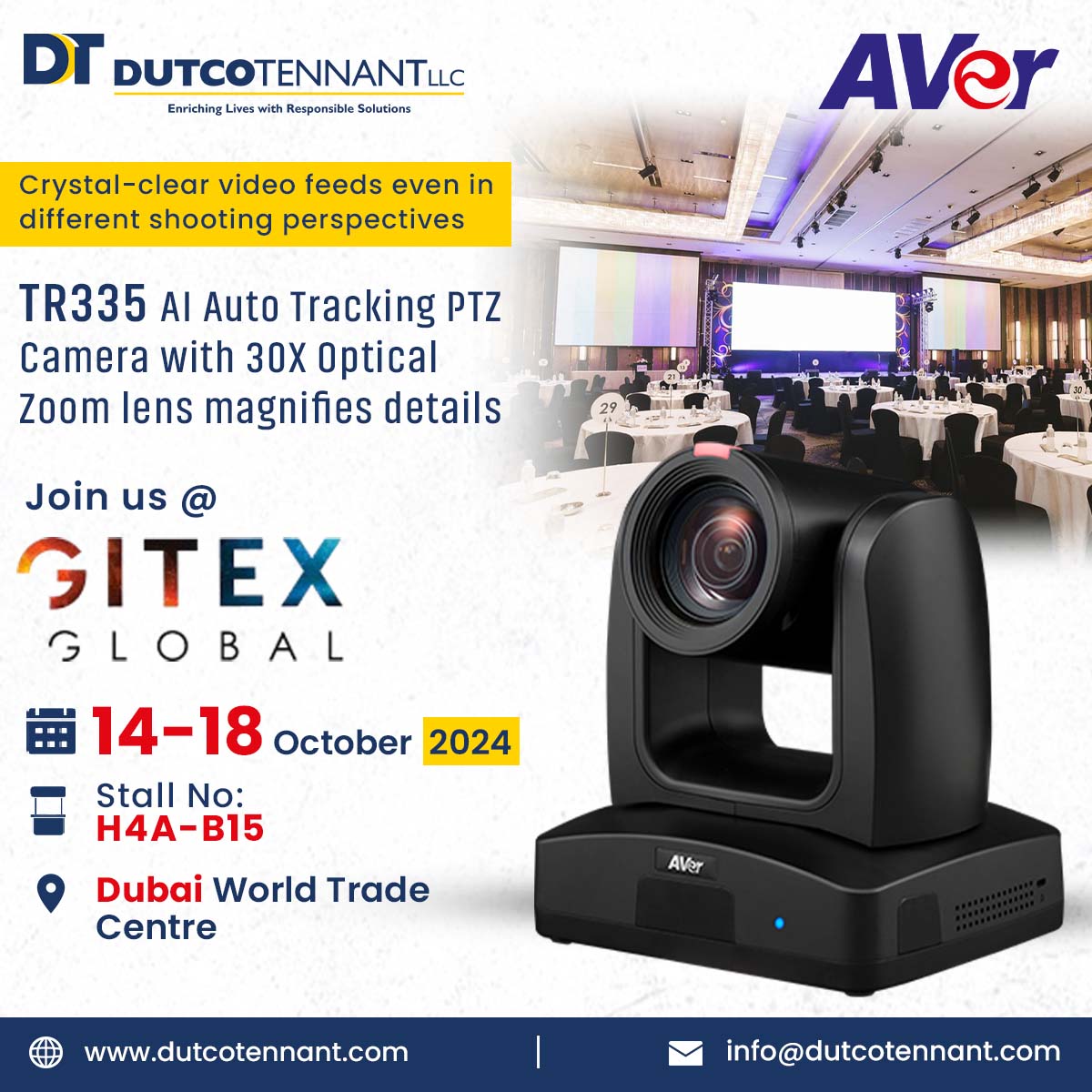 Dutcotennant's tweet image. Witness 𝐓𝐑335 𝐀𝐈 𝐀𝐮𝐭𝐨 𝐓𝐫𝐚𝐜𝐤𝐢𝐧𝐠 𝐏𝐓𝐙 𝐂𝐚𝐦𝐞𝐫𝐚 by Aver at #GITEXGlobal2024. See crystal-clear video in every shot. Visit our stand for a demo!

Explore more details at dutcotennant.com/gitex/gitex-ex….

#autotrackingcamera #PTZcamera #ai #aver #DutcoTennantLLC