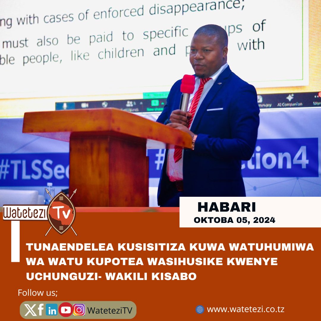 WateteziTV's tweet photo. "Katika kuchunguza masuala ya watu kupotea, tumekuwa tukipendekeza mara nyingi kuwa watu wanaotuhumiwa kuhusika na matukio hayo wasichunguze matukio hayo, maana mtu anayetuhumiwa ni rahisi sana kujipendelea wakati wa uchunguzi, inatakiwa kuundwa kamati huru ambayo itachunguza matukio hayo kwa uhuru bila kupendelea"

"Masuala ya uchunguzi ya kesi za watu kupotea zinatakiwa kuwa wazi kwenye hatua zote na hii inaweza kuwa njia nzuri ya ufuatiliaji wa matukio haya."

Wakili Paul Kisabo @Advocate_Kisabo , Wakili wa mtandao wa Watetezi wa Haki za Binadamu Tanzania (THRDC), akizungumza leo Oktoba 5,2024 wakati wa Kongamano la Kitaifa Dhidi ya Matukio ya Kupotea  kwa Raia Nchini.