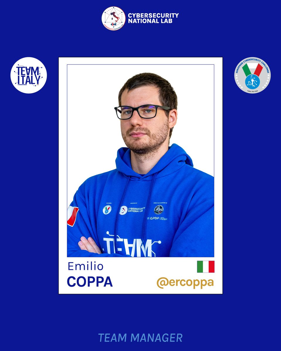 🇮🇹 Emilio Coppa aka ercoppa 
👨🏻‍🏫 Team Manager TeamItaly

🇪🇺 <a href="/ecsc2024/">ECSC2024</a> 
📆 8-11 october 2024
📍 Turin, Italy

#ECSC2024 #CyberTeamItaly #CyberSecurity

teamitaly.eu