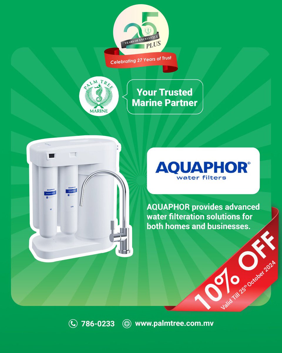 PalmTreeMarine's tweet image. Enjoy a 10% discount on Aquaphor Water Filter products as part of our 27th Anniversary Celebrations.

Shop now and upgrade your water quality at home or work.

Offer valid till 25th October 2024! 

#PalmTreeMarine
#YourTrustedMarinePartner
#Aquaphor
#AnniversaryOffer
