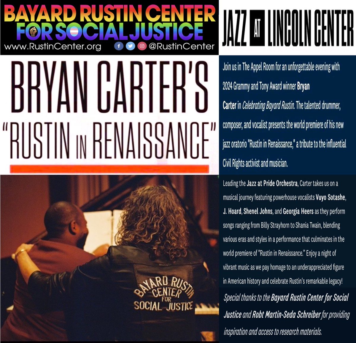 Bayard Rustin Center for Social Justice (@rustincenter) on Twitter photo Two weeks til our meaningful musical <a href="/jazzdotorg/">Jazz at Lincoln Center</a> <a href="/LincolnCenter/">Lincoln Center</a>
<a href="/RustinCenter/">Bayard Rustin Center for Social Justice</a> proud to partner <a href="/BryanCarterJazz/">Bryan Carter</a>
Powerful project amplifyin' the voice of Black Queer LGBTQIA Civil Rights pioneer Bayard Rustin
Special Queer Community code BRCSJ 20% discount
jazz.org/concert/bryan-… Two weeks til our meaningful musical <a href="/jazzdotorg/">Jazz at Lincoln Center</a> <a href="/LincolnCenter/">Lincoln Center</a>
<a href="/RustinCenter/">Bayard Rustin Center for Social Justice</a> proud to partner <a href="/BryanCarterJazz/">Bryan Carter</a>
Powerful project amplifyin' the voice of Black Queer LGBTQIA Civil Rights pioneer Bayard Rustin
Special Queer Community code BRCSJ 20% discount
jazz.org/concert/bryan-…