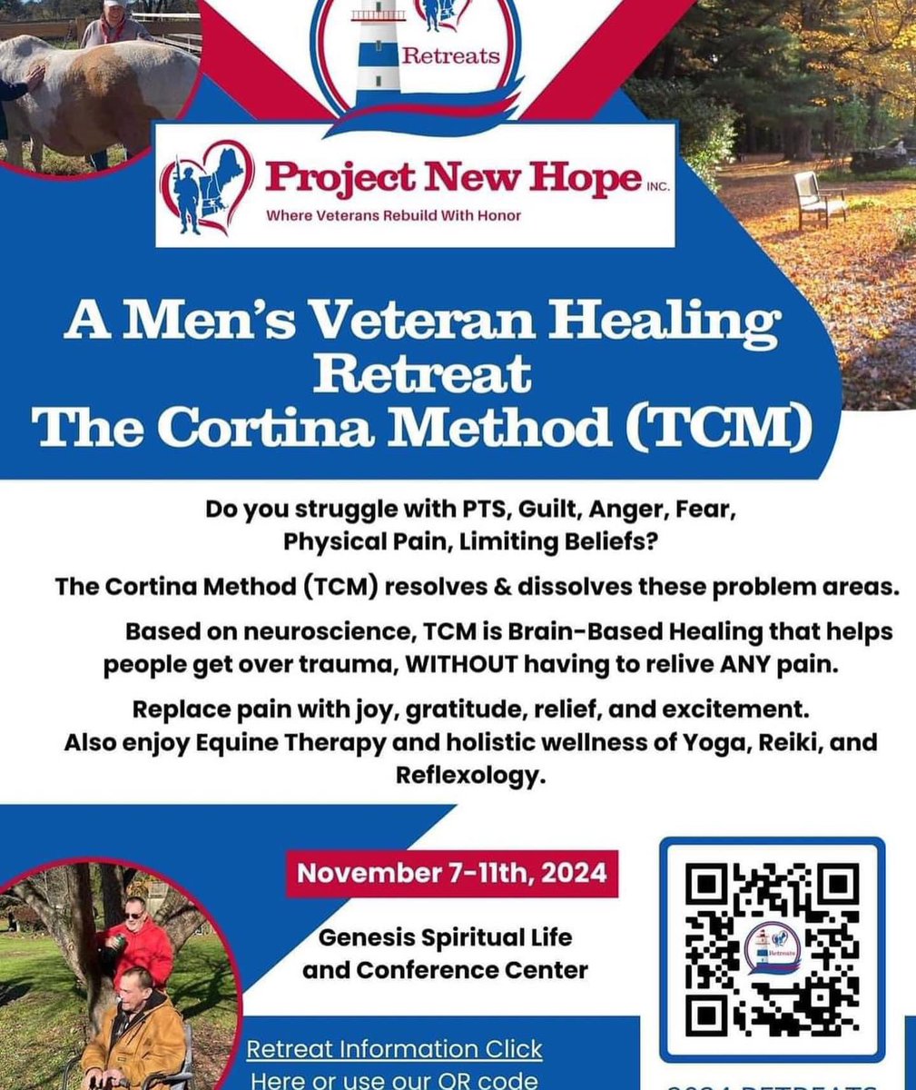 We have two openings for our Brain-Based Healing Men’s Veterans Retreat, November 7-11, 2024.

This retreat uses a neuroscience-based approach to help veterans process trauma and mental health challenges.
Space is limited—register now at: projectnewhopema.org/home/retreats/