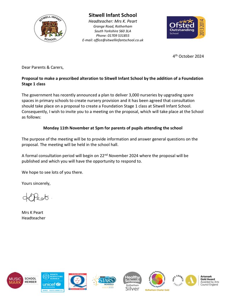 We are very excited to be opening consultation for a nursery class within Sitwell Infant School! This will be from September 2025. 

See information below about a meeting being held for parents on Monday 11th November at 5pm.

Please come along to have your questions answered!