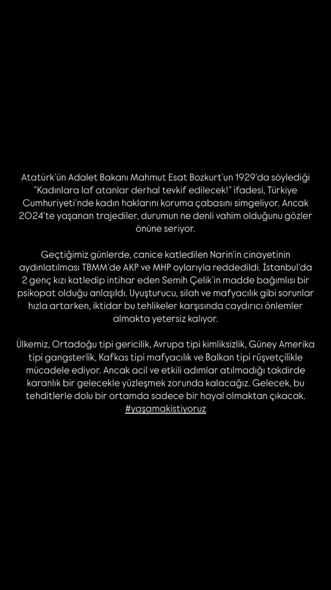 #kadıncinayetleripolitiktir ve tedirgin yaşayan tek bir kadın kalmayana dek mücadelemiz sürecektir!

Kadın hakları üzerine dünyaya öncülük etmiş bir ülkenin 2024 yılında kadınları koruyamamasınu kabul etmiyoruz!
#kadıncinayetleri
#yaşamakistiyoruz