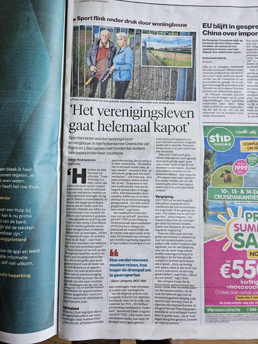 Ruimte voor sport staat onder druk door woningbouw. En dat terwijl we een beweegachterstand hebben in Nederland volgens @eibertj van <a href="/nocnsf/">NOC*NSF</a>. Ook in Overschie dreigt het Tennispark de verdwijnen. “Het verenigingsleven gaat helemaal kapot”.
<a href="/ChantalZeegers/">Chantal Zeegers ( harsh_arora )</a> <a href="/gemeenteraad010/">gemeenteraad van Rotterdam</a>