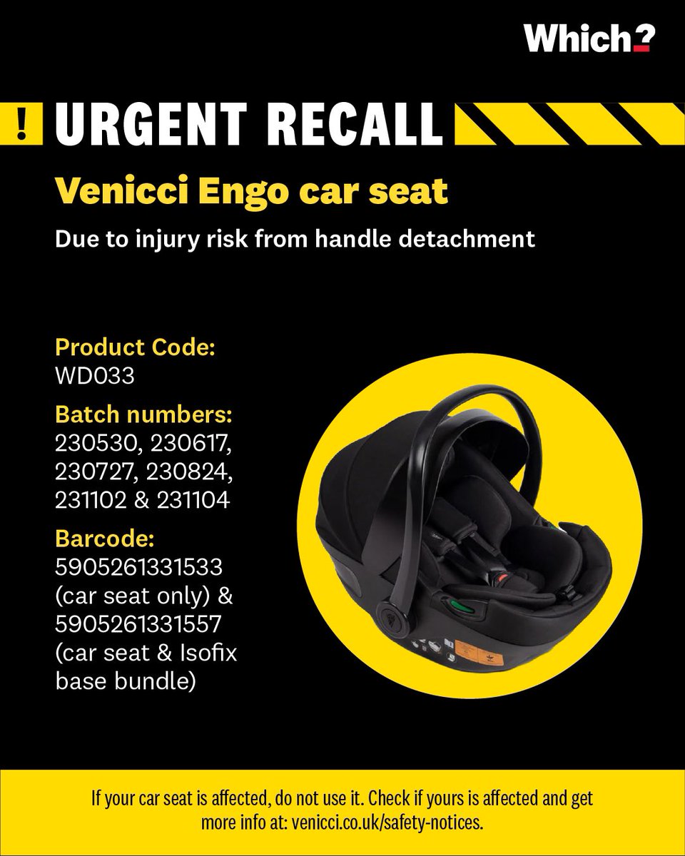 ⚠️Urgent recall: The Venicci Engo car seat presents an injury risk due to loose screws, which can cause the handle to detach.

If your car seat is affected, do not use it. Check if yours is affected and get more info at: venicci.co.uk/safety-notices