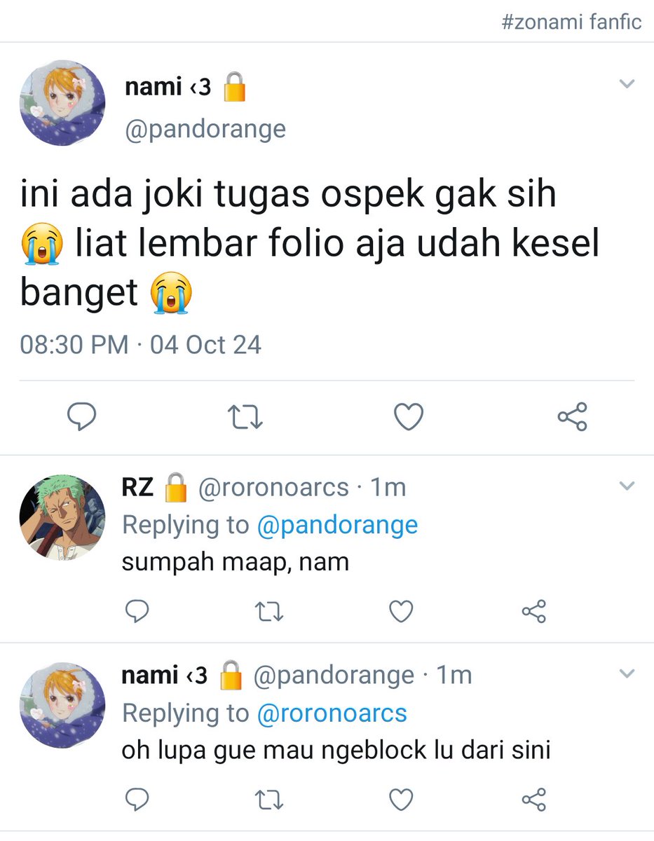 PIRATEFESS's tweet photo. *OPFict NL Zoro x Nami 

asupan zonami edisi nami jadi maba 😋

https://t.co/dCYTKHTZXy
